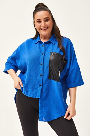 Kadın Büyük Beden Asimetrik Tasarım Salaş Mavi Keten Gömlek