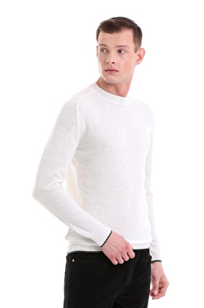 Ekru Regular Fit Düz Bisiklet Yaka Yünlü Casual Triko Kazak | 3XL