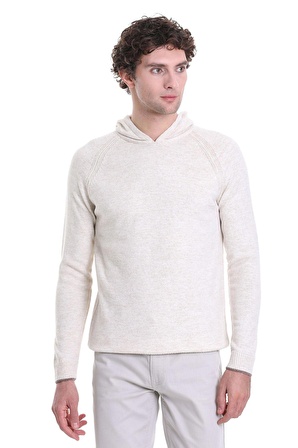 Ekru Regular Fit Jakarlı Kapüşonlu Triko Kazak | M