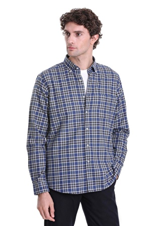 Lacivert Comfort Fit Kareli Düğmeli Yaka Uzun Kollu Casual Gömlek | M