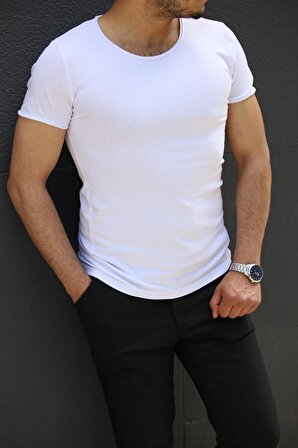 Beyaz Erkek Basic Slim Fit T-Shirt - Kısa Kollu Bisiklet Yaka