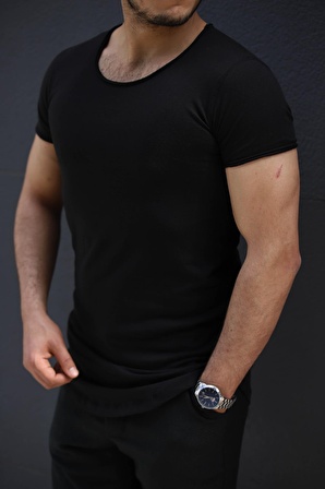 Siyah Uzun Erkek Basic Slim Fit T-Shirt - Kısa Kollu Bisiklet Yaka