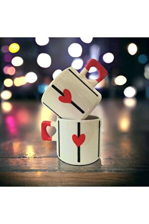 2'li Zarif Kırmızı Kalp Desenli El Yapımı Doğal Seramik Kalp Kupa Mug Çay Kahve Fincanı