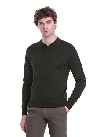 Haki Regular Fit Düz Polo Yaka Triko Kazak | M