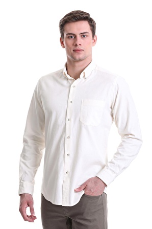 Bej Slim Fit Düz 100% Pamuklu Düğmeli Yaka Uzun Kollu Klasik Gömlek | L