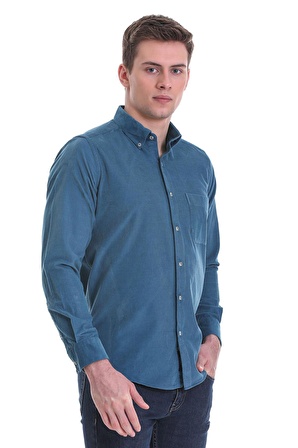 Mavi Slim Fit Düz 100% Pamuklu Düğmeli Yaka Uzun Kollu Klasik Gömlek | XS