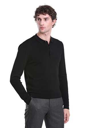 Siyah Regular Fit Düz Polo Yaka Yünlü Triko Kazak | S
