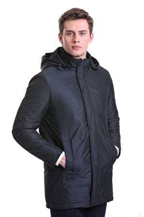 Lacivert Slim Fit Desenli Hakim Yaka Kapüşonlu Kaban | S