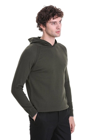 Haki Regular Fit Jakarlı Kapüşonlu Triko Kazak | L