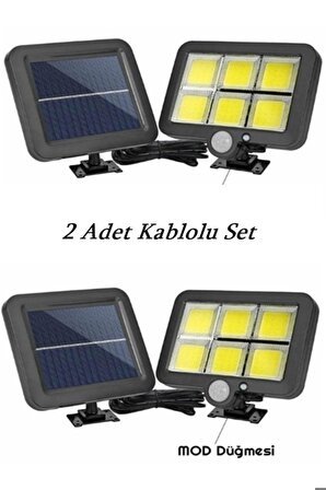 2 ADET Kablolu İç-dış Mekanda Uygun 120 Cob Led Solar Panel Güneş Enerjili 3 Mod Duvar Lambası