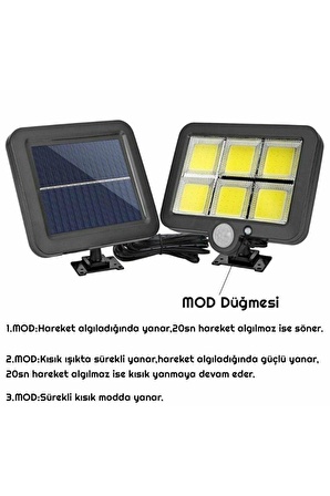 2 ADET Kablolu İç-dış Mekanda Uygun 120 Cob Led Solar Panel Güneş Enerjili 3 Mod Duvar Lambası