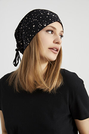 Kadın siyah, beyaz yıldız desenli, ip detaylı 4 mevsim Şapka Bere Buff -Ultra yumuşak doğal penye kumaş