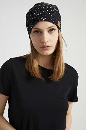 Kadın siyah, beyaz yıldız desenli, ip detaylı 4 mevsim Şapka Bere Buff -Ultra yumuşak doğal penye kumaş