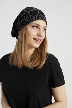 Kadın siyah, beyaz desenli, ip detaylı 4 mevsim Şapka Bere Buff -Ultra yumuşak doğal penye kumaş
