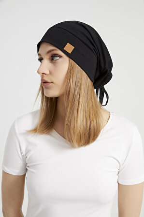 Kadın Siyah, ip detaylı  özel tasarım 4 mevsim  Şapka Bere Buff -Ultra yumuşak doğal penye kumaş