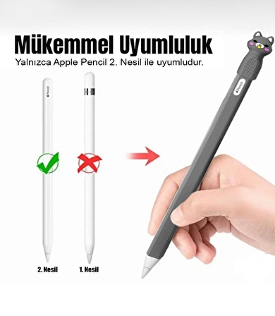 Apple Pencil 2. Nesil Uyumlu Koruyucu Silikon Kılıf Kaydırmaz Sevimli Kedi Figürlü