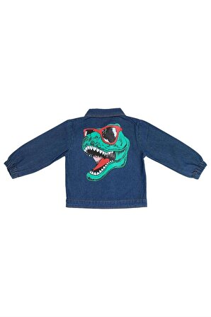 Çocuk Arkası Dinozor Baskılı Düğmeli Mavi Kot Ceket