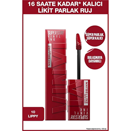 Maybelline New York Super Stay Vinyl Ink Uzun Süre Kalıcı Likit Parlak Ruj 10 Lippy