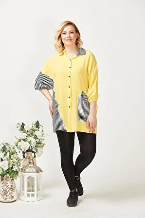 3014 Sarı Yaka Ve Cep Detaylı Büyük Beden Trend Gömlek