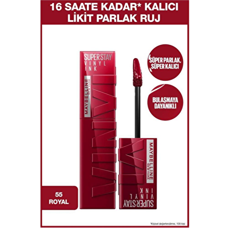 Maybelline New York Super Stay Vinyl Ink Uzun Süre Kalıcı Likit Parlak Ruj 55 Royal