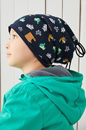 Pamuklu çift katlı yumuşak Penye Lacivert  figürlü Erkek Çocuk Bebek Şapka Bere %100 Doğal Yerli Üretim