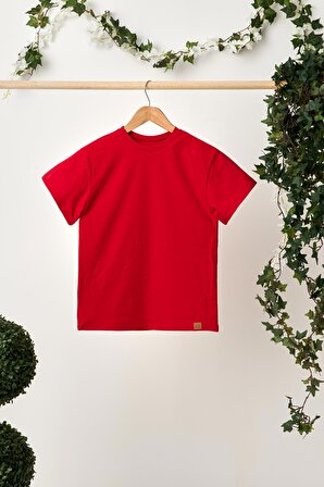 Kırmızı Erkek Çocuk Kısa Kollu Bisiklet Yaka Terletmez, Yumuşak Rahat %100 Pamuklu Penye T-Shirt