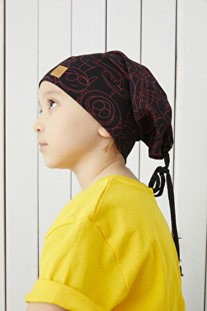 Erkek Çocuk Siyah kırmızı figürlü ip detaylı 4 mevsim Şapka Bere Buff -yumuşak doğal penye 