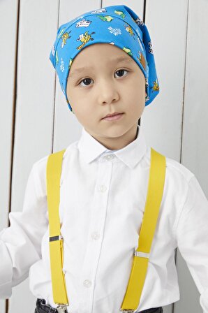 Erkek Çocuk Mavi Desenli ip detaylı 4 mevsim Şapka Bere Buff -yumuşak doğal penye 