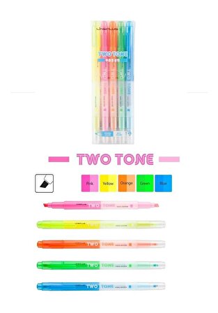 Fosforlu Kalem 5 Renk Şeffaf Two Tone 1 Paket İşaret Kalemi 5 li Sarı Pembe Turuncu Yeşil Mavi