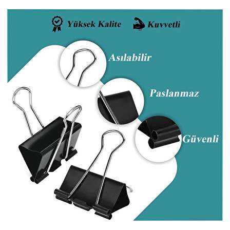 Çelik Kıskaç Klips 32 mm 12 Adet 1 Paket Metal Mandal Binder Clips Kıska 150 Sayfa Kapasiteli Çok Amaçlı Kullanım