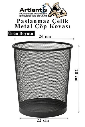 Çöp Kovası Paslanmaz Çelik Siyah Fileli 1 Adet Ofis Büro Okul vb.Çöp Kovası Metal Delikli Kolay Kullanım