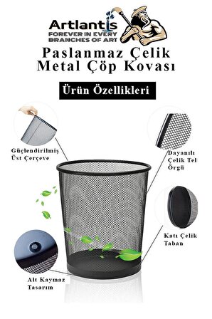 Çöp Kovası Paslanmaz Çelik Siyah Fileli 1 Adet Ofis Büro Okul vb.Çöp Kovası Metal Delikli Kolay Kullanım