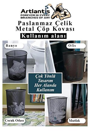 Çöp Kovası Paslanmaz Çelik Siyah Fileli 2 Adet Ofis Büro Okul vb.Çöp Kovası Metal Delikli Kolay Kullanım