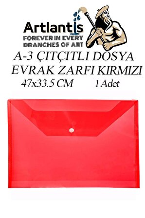 A3 Çıtçıtlı Dosya Kırmızı 1 Adet A-3 Çıt çıtlı Zarf Dosya Transparan 47x33.5 cm Büyük Boy Çıtçıtlı Dosya