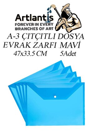 A3 Çıtçıtlı Dosya Mavi 5 Adet A-3 Çıt çıtlı Zarf Dosya Transparan 47x33.5 cm Büyük Boy Çıtçıtlı Dosya