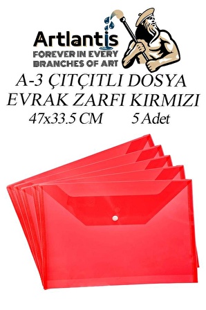 A3 Çıtçıtlı Dosya Kırmızı 5 Adet A-3 Çıt çıtlı Zarf Dosya Transparan 47x33.5 cm Büyük Boy Çıtçıtlı Dosya