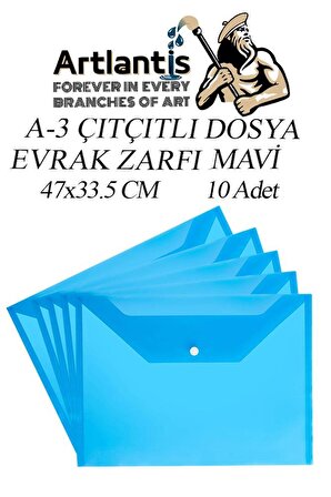 A3 Çıtçıtlı Dosya Mavi 10 Adet A-3 Çıt çıtlı Zarf Dosya Transparan 47x33.5 cm Büyük Boy Çıtçıtlı Dosya
