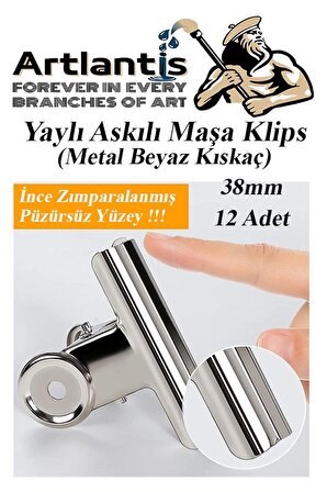 Yaylı Askılı Maşa Klips 38 mm 12 Adet Metal Beyaz Kıskaç 140 Yaprak Kapasiteli Pürüzsüz Mandal Kıskac 