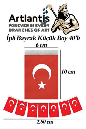 İpli Bayrak Küçük Boy 40'lı 6x10cm 1 Paket Türk Bayrağı Kağıt İpli Sıralı Ayyıldız Bayrak Sınıf Süsü Okul Bayram