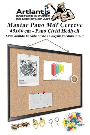 Mantar Pano Mdf Çerçeve 45x60 cm 1 Adet Harita Çivisi Hediyeli Duvara Monte Mantar Çerçeve Evde Okulda Büroda Ofiste