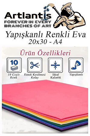 Yapışkanlı Eva A4 20x30 cm 10 Renk 1 Paket Yapışkanlı Eva Süngeri 10'lu Okul Kreş Anasınıfı Elişi Etkinlikleri