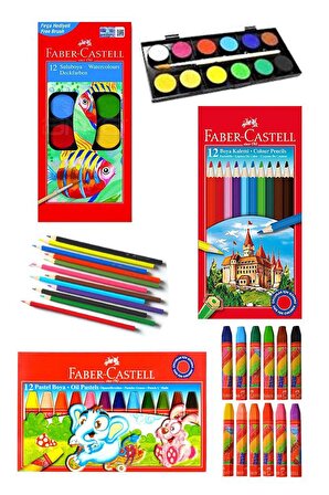 Öğrenci Boyama Seti 3 lü Faber 12 Renk Sulu Boya Kuru Boya Pastel Boya 12 li Boya Set Faber Castell Okul Sınıf