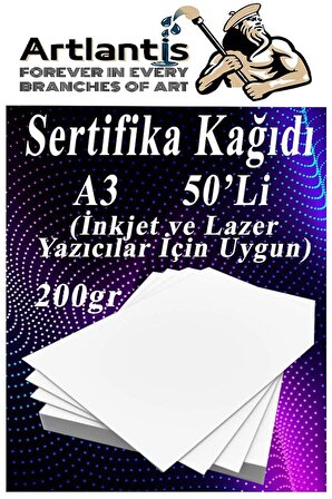 A3 Sertifika Kağıdı Kalın 50 Adet Gramajlı Fotokopi Kağıdı 200 gr Tüm Yazıcılara Uyumlu 29.7x42 cm Kalın Baskı Kağıdı