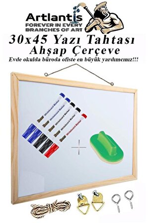 Duvara Monte Beyaz Yazı Tahtası 30x45 cm 1 Adet Yazı Tahta kalemi ve Silgisi Laminant Yazı Tahtası Ahşap Çerçeveli Askılı Okul Ofis Büro