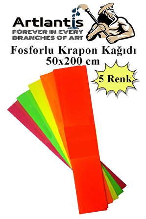 Fosforlu Krapon Kağıdı 5 Renk 50x200 cm 1 Paket Grapon Kağıdı Karışık Renkli 5'li Okul Sınıf Kreş