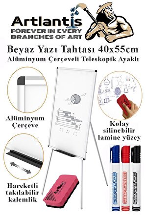 Ayaklı Beyaz Yazı Tahtası 40x55 cm Teleskobik Ayaklı 1 Adet Alüminyum Kolay Silinebilir Ergomik Beyaz Yazı Tahtası