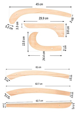 Riga Cetvel Seti Ahşap 6 Parça 1 Paket Riga Seti Riga Takımı Terzi Modelist Tekstil Cetveli