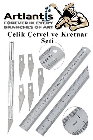 Çelik Cetvel 30 cm ve Kretuar Bıçağı 5 Yedek Bıcaklı 1 Adet Paslanmaz Çelik Metal Çetvel 30 Santimetre