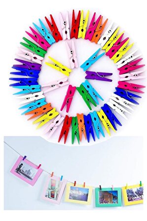 Renkli Mini Mandal Ahşap 50 Adet ve Jüt Kırnap İpi 3 Adet Fotoğraf Asma Mandalı Dekarasyon Süsleme Dekoratif