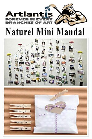 Naturel Mini Mandal Ahşap 50 Adet ve Jüt Kırnap İpi 3 Adet Fotoğraf Asma Mandalı Dekoratif Süsleme Dekarasyon